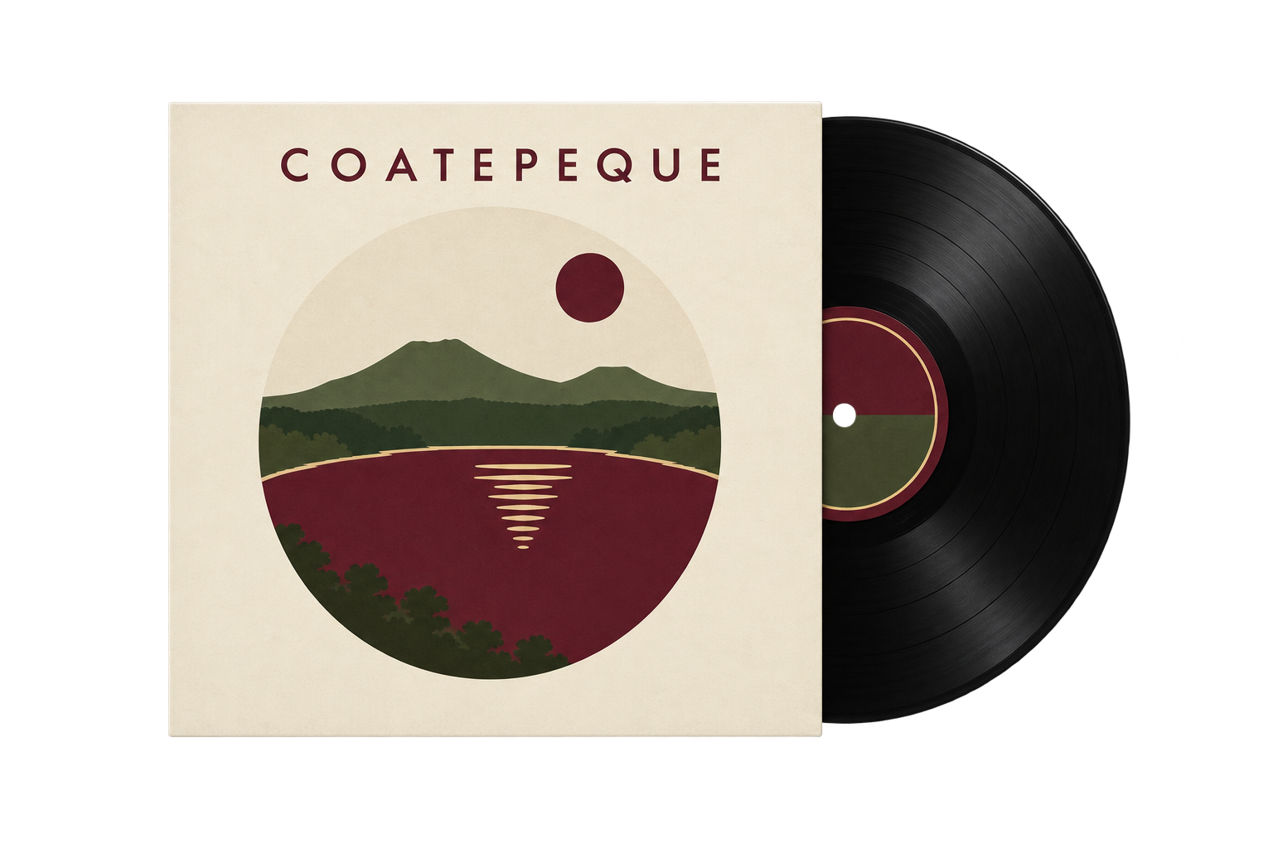Ilustración de una funda de Coatepeque con un disco de vinilo
